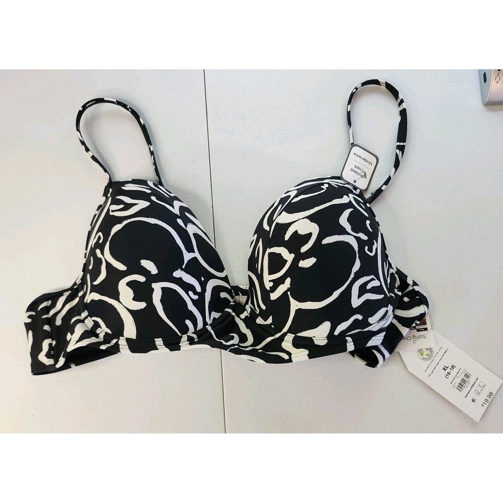 Time and Tru XL 16-18 Bikini Top NWT Black White Abstract Underwire Molded Cups